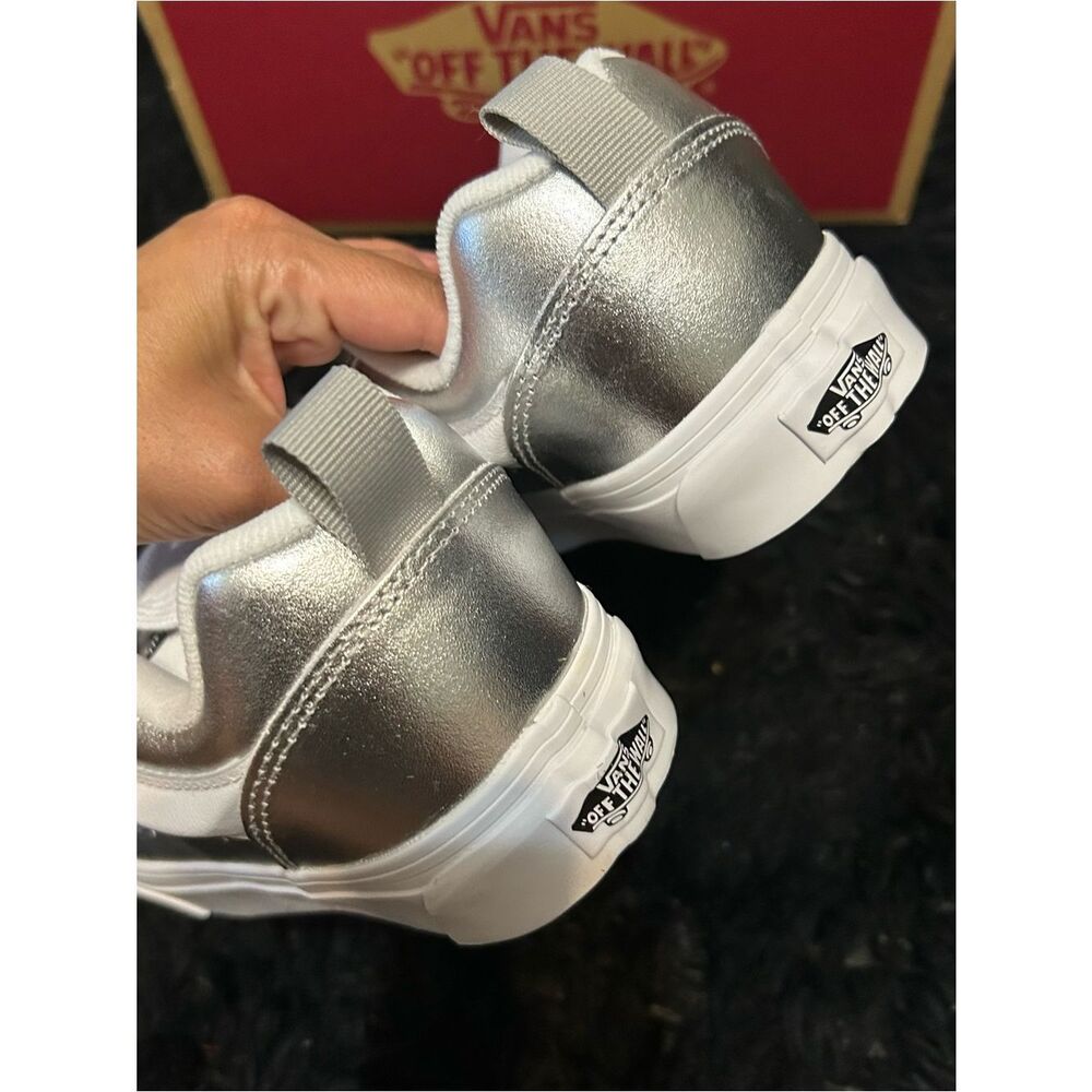 VANS knu skool metallic silver leather lace up shoes sneakers sz 7.5 new - Picture 4 of 7